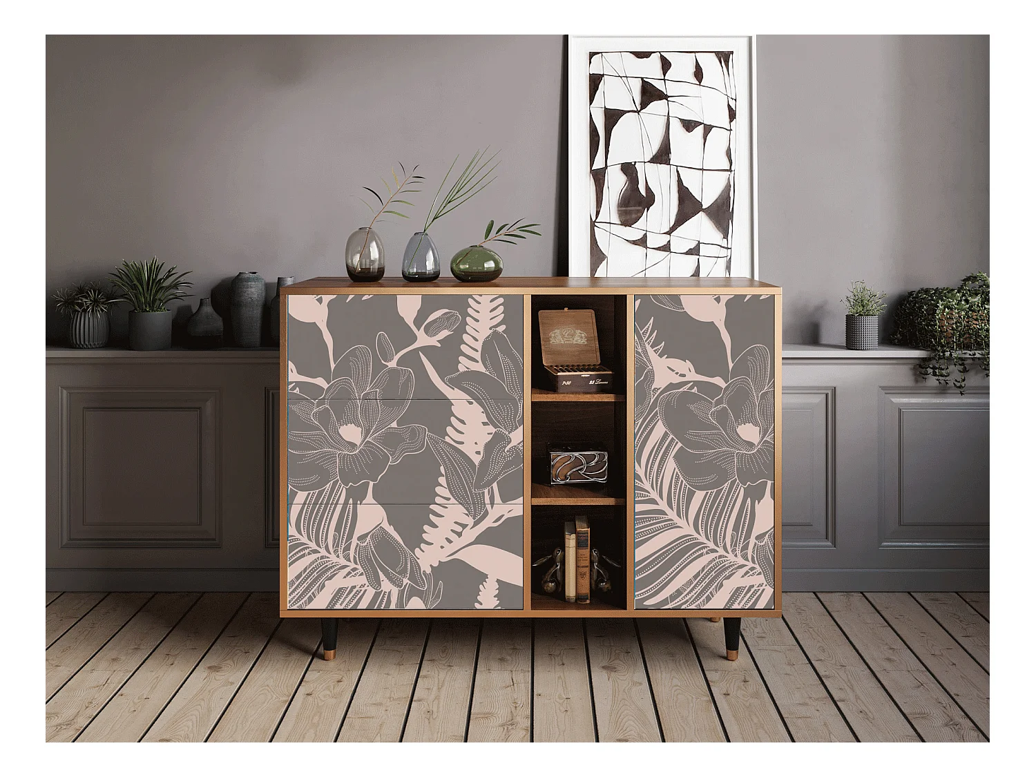 Sideboard - 125x98x48 cm - BS2 - Issabelline Flower, Walnuss