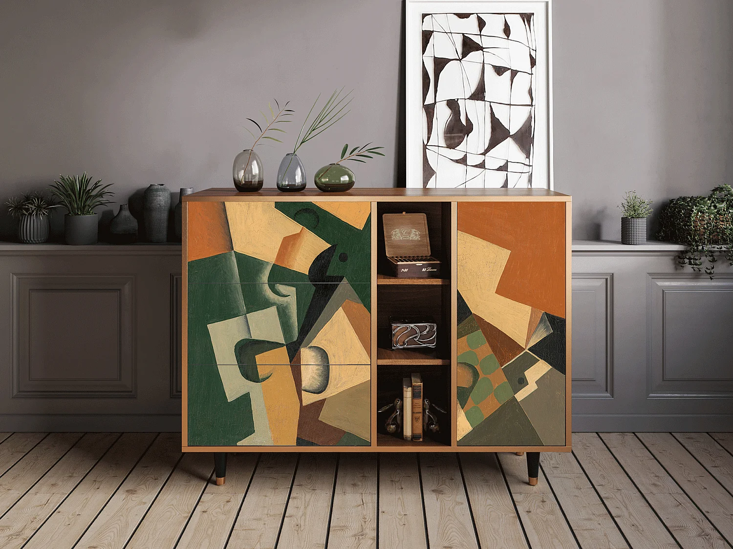 Dressoir - 125x98x48 cm - BS2 - Glass and Checkerboard, Walnoot