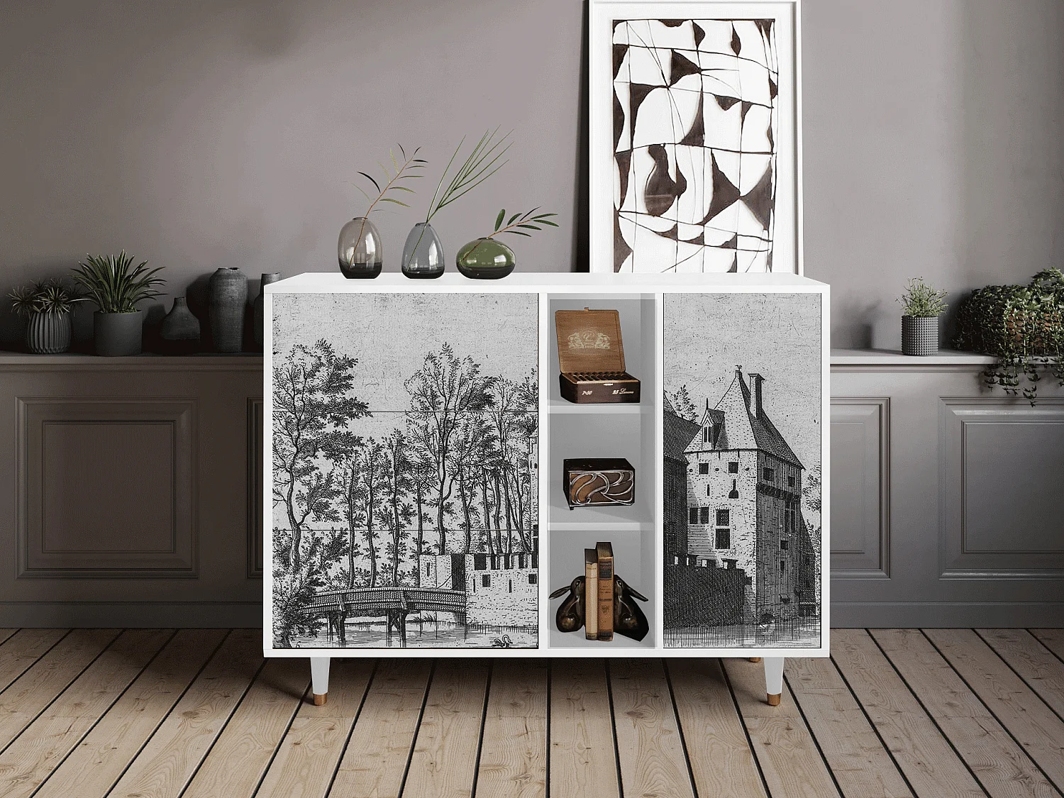 Kredens - 125x98x48 cm - BS2 - Castle with Bridge, Biały