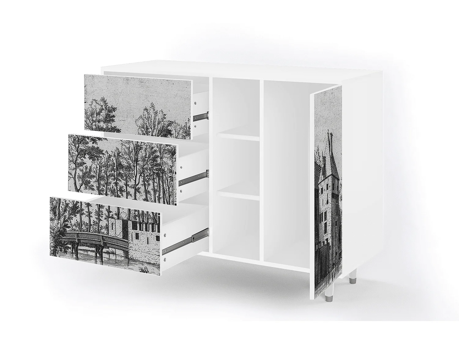 Kredens - 125x98x48 cm - BS2 - Castle with Bridge, Biały