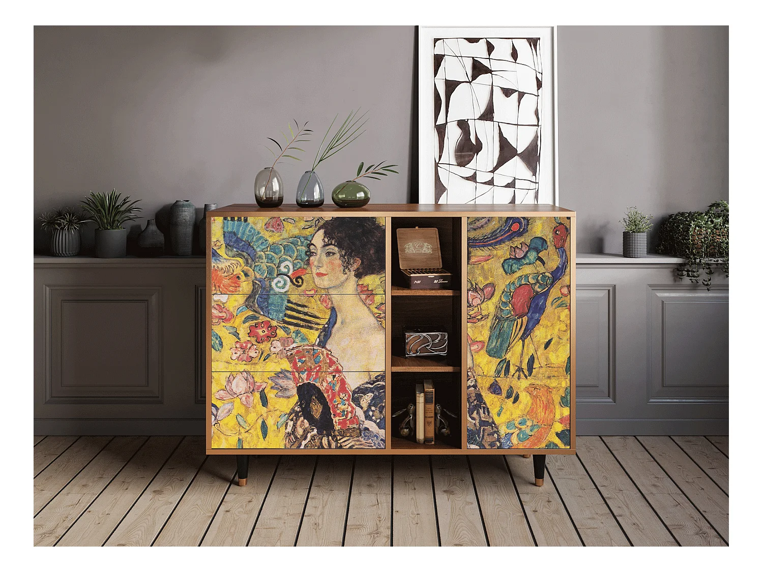 Dressoir - 125x98x48 cm - BS2 - Lady with Fan by Klimt, Walnoot