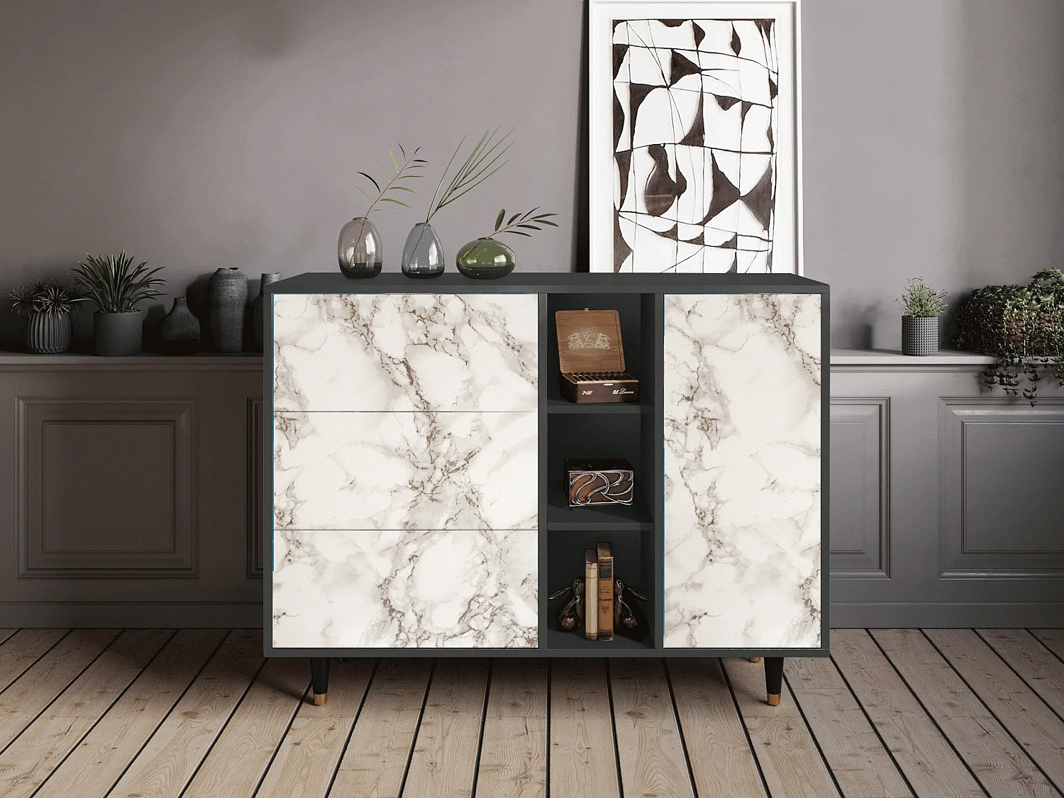 Buffet - 125x98x48 cm - BS2 - Milk Marble, Anthracite