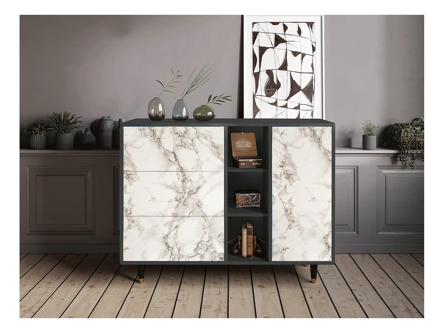 Credenza - 125x98x48 cm - BS2 - Milk Marble, Antracite