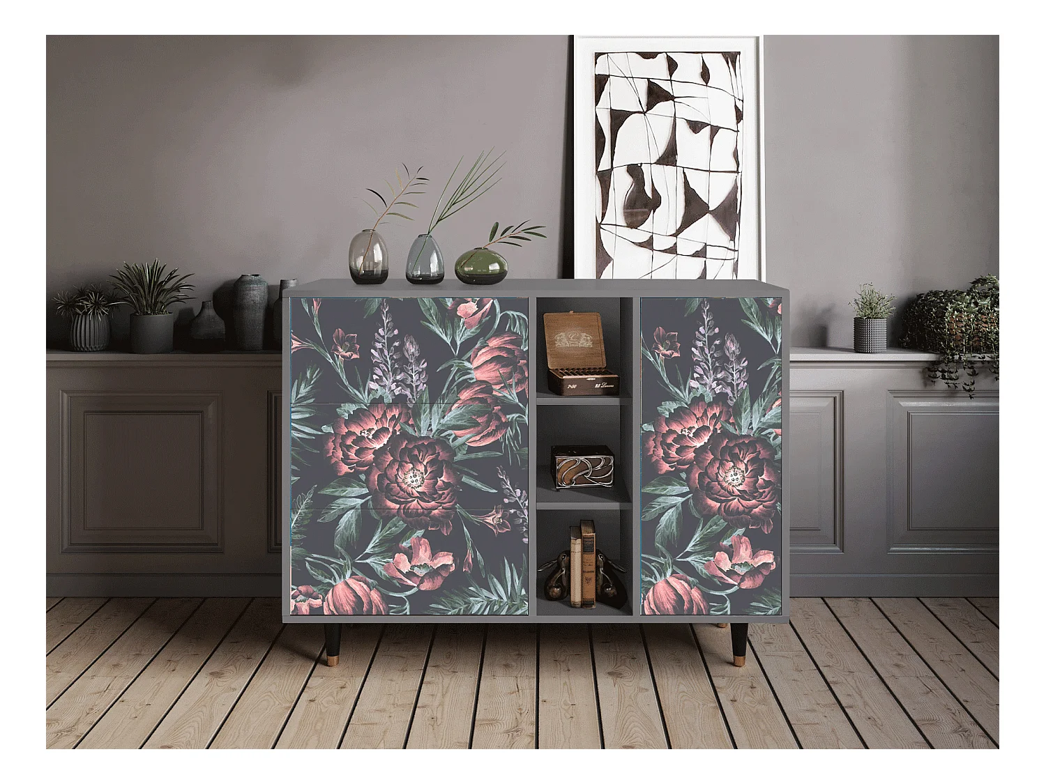 Dressoir - 125x98x48 cm - BS2 - Dark Peonies, Grijs