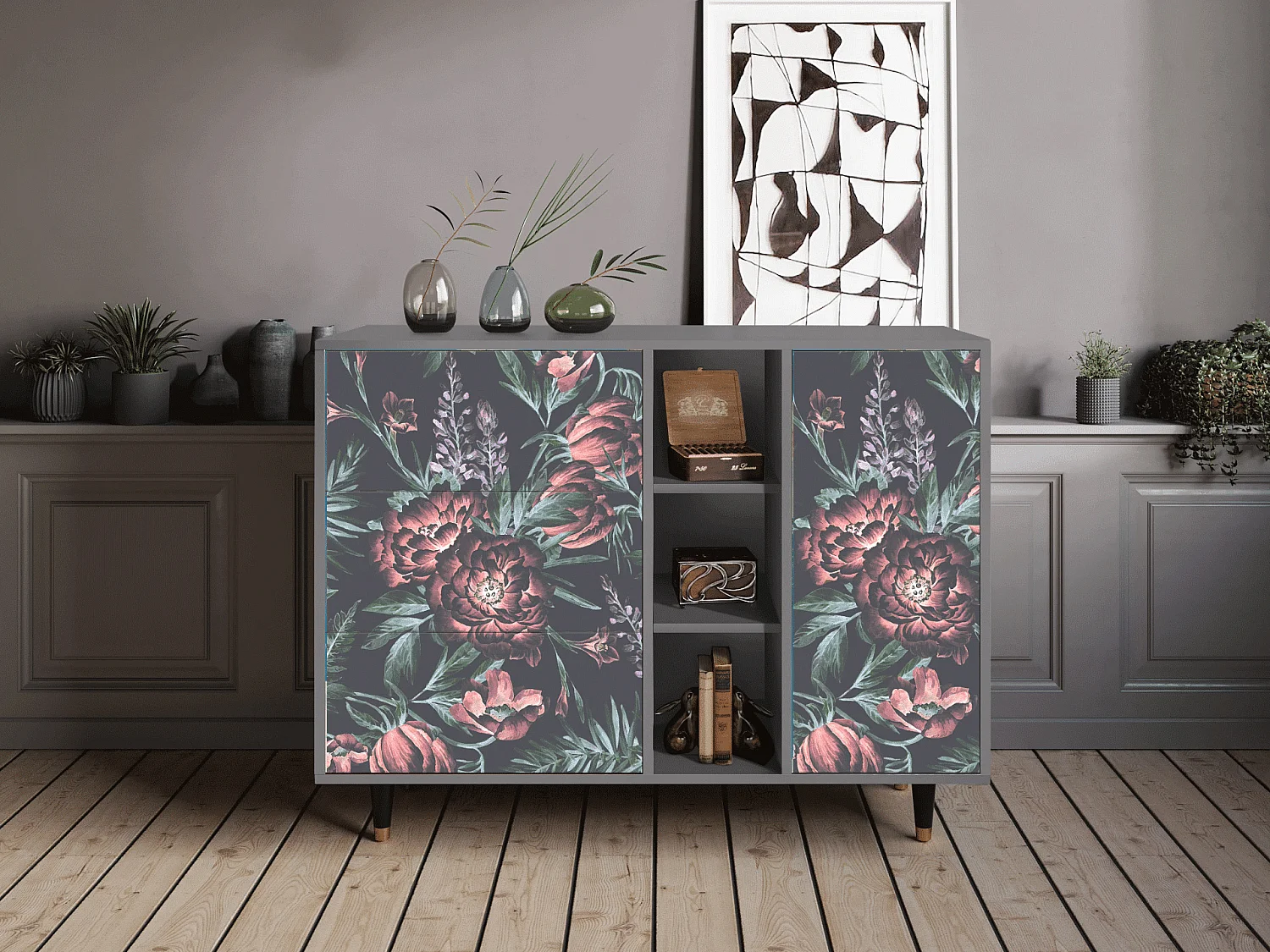 Kredens - 125x98x48 cm - BS2 - Dark Peonies, Szary