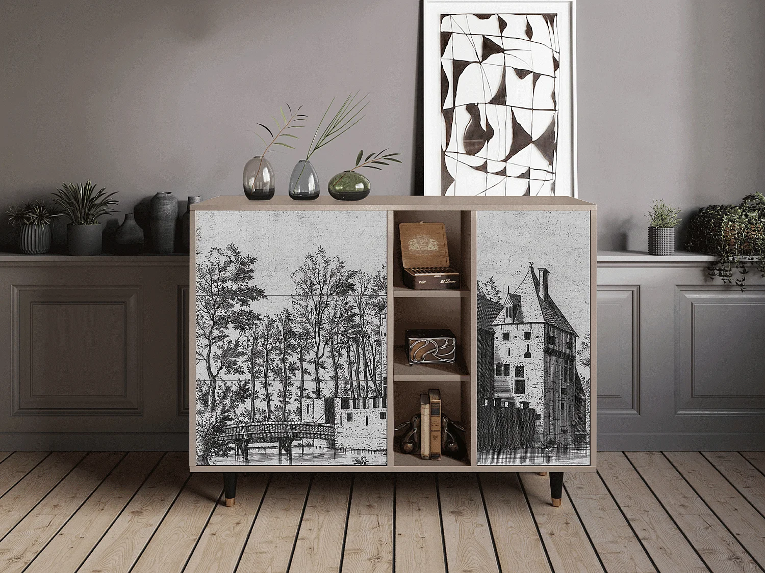 Credenza - 125x98x48 cm - BS2 - Castle with Bridge, Latte