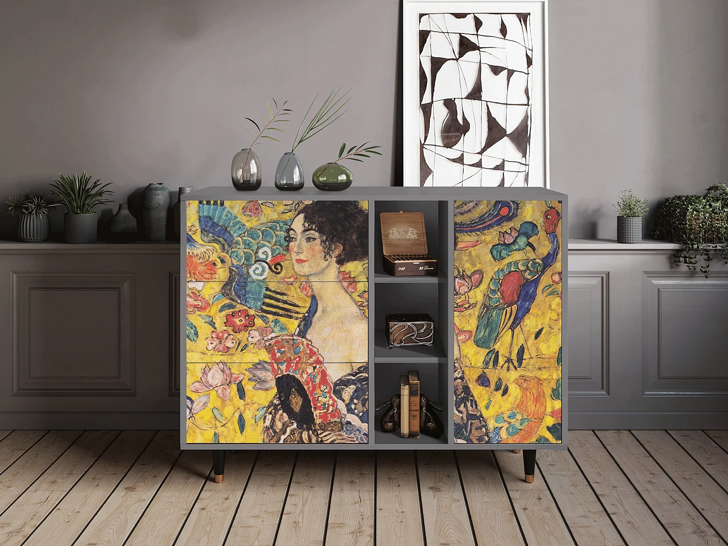 Kredens - 125x98x48 cm - BS2 - Lady with Fan by Klimt, Szary