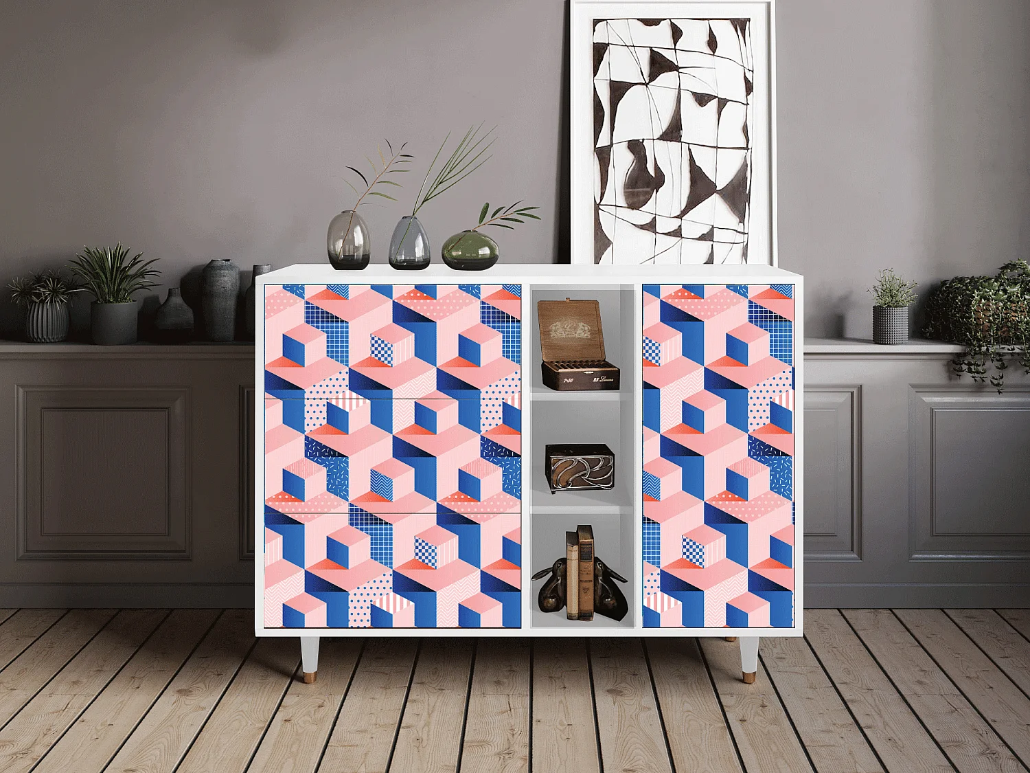 Buffet - 125x98x48 cm - BS2 - Pinky Squares, Blanc