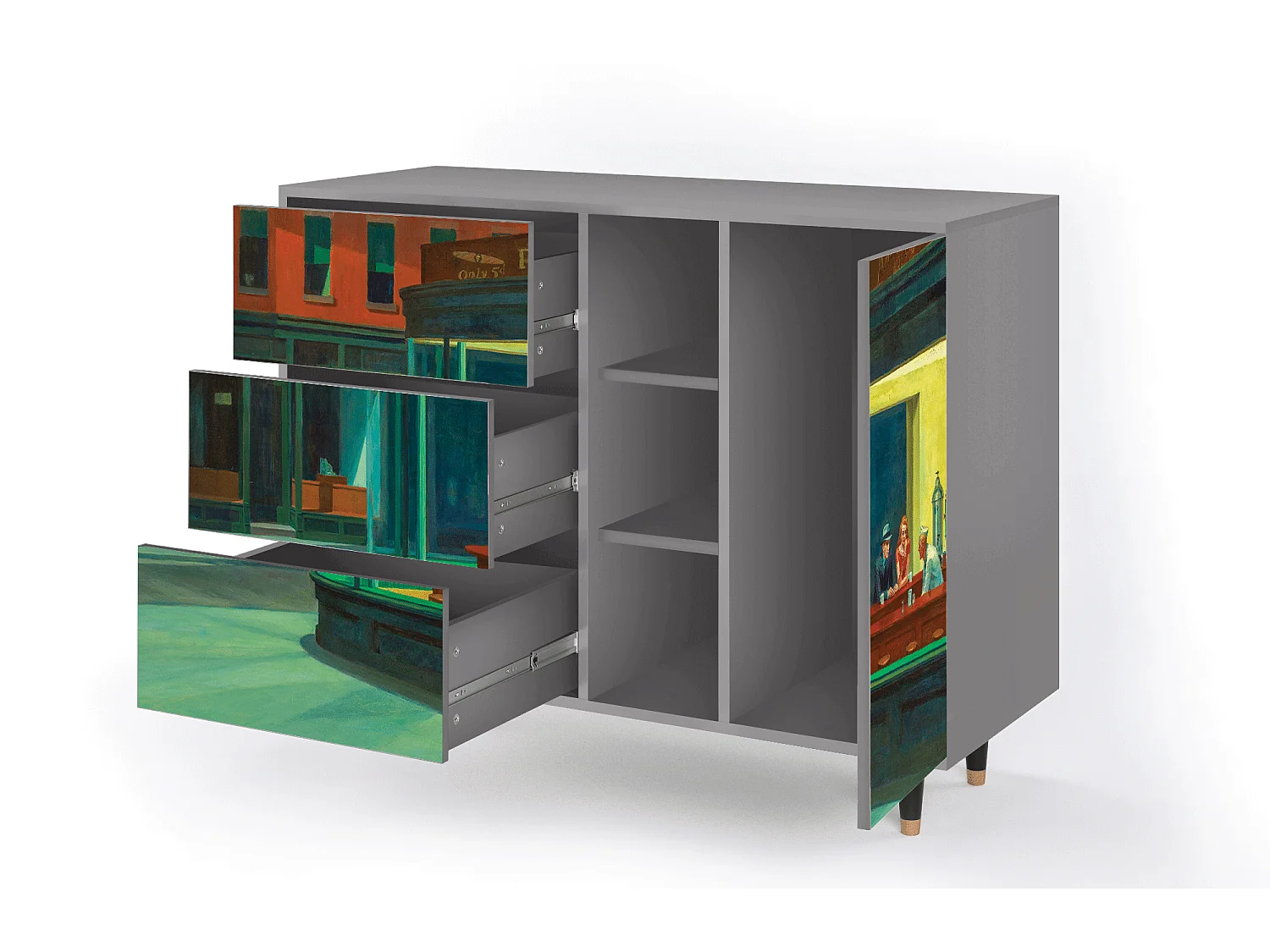 Kredens - 125x98x48 cm - BS2 - Nighthawks by Hopper, Szary