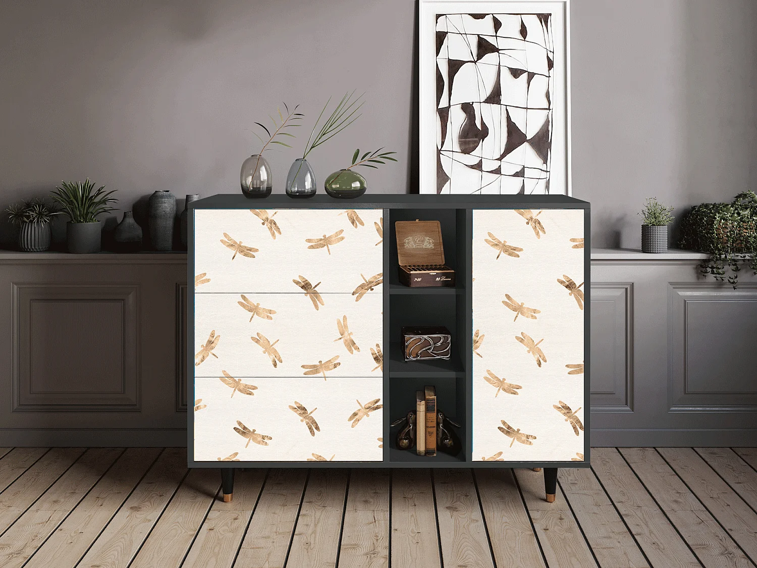 Kredens - 125x98x48 cm - BS2 - Nude Dragonflies, Antracyt