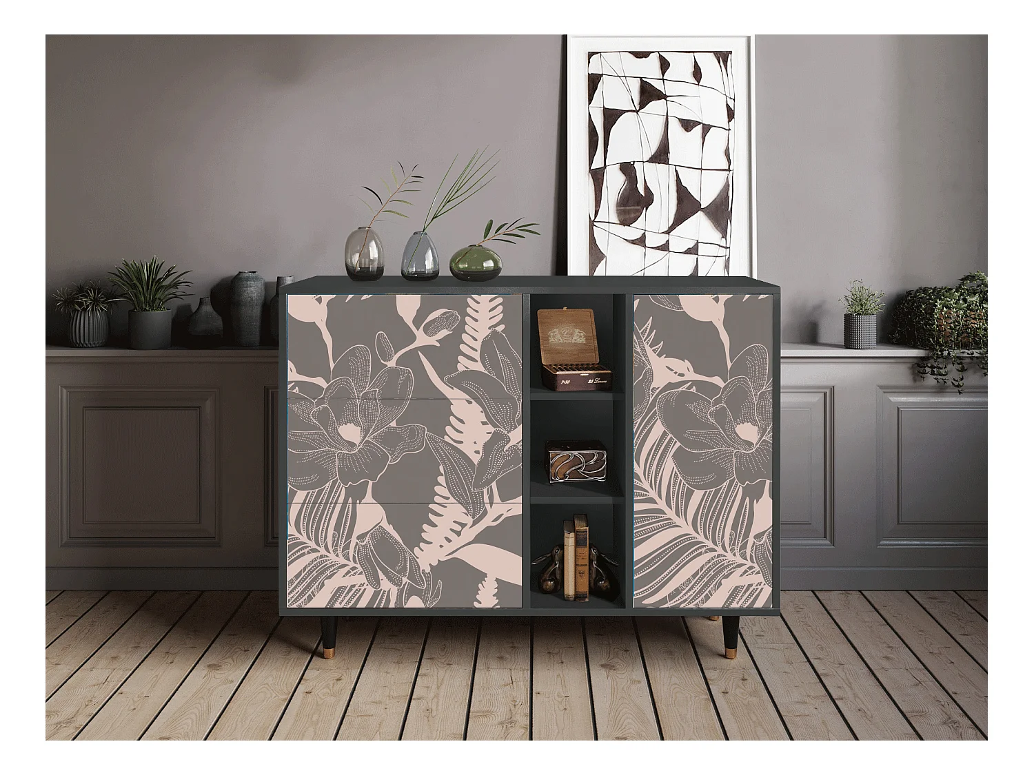 Sideboard - 125x98x48 cm - BS2 - Issabelline Flower, Anthrazit