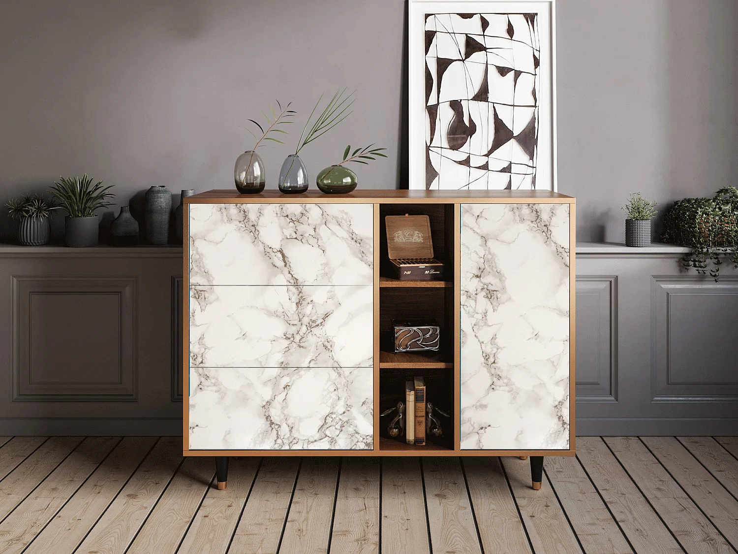 Buffet - 125x98x48 cm - BS2 - Milk Marble, Noyer