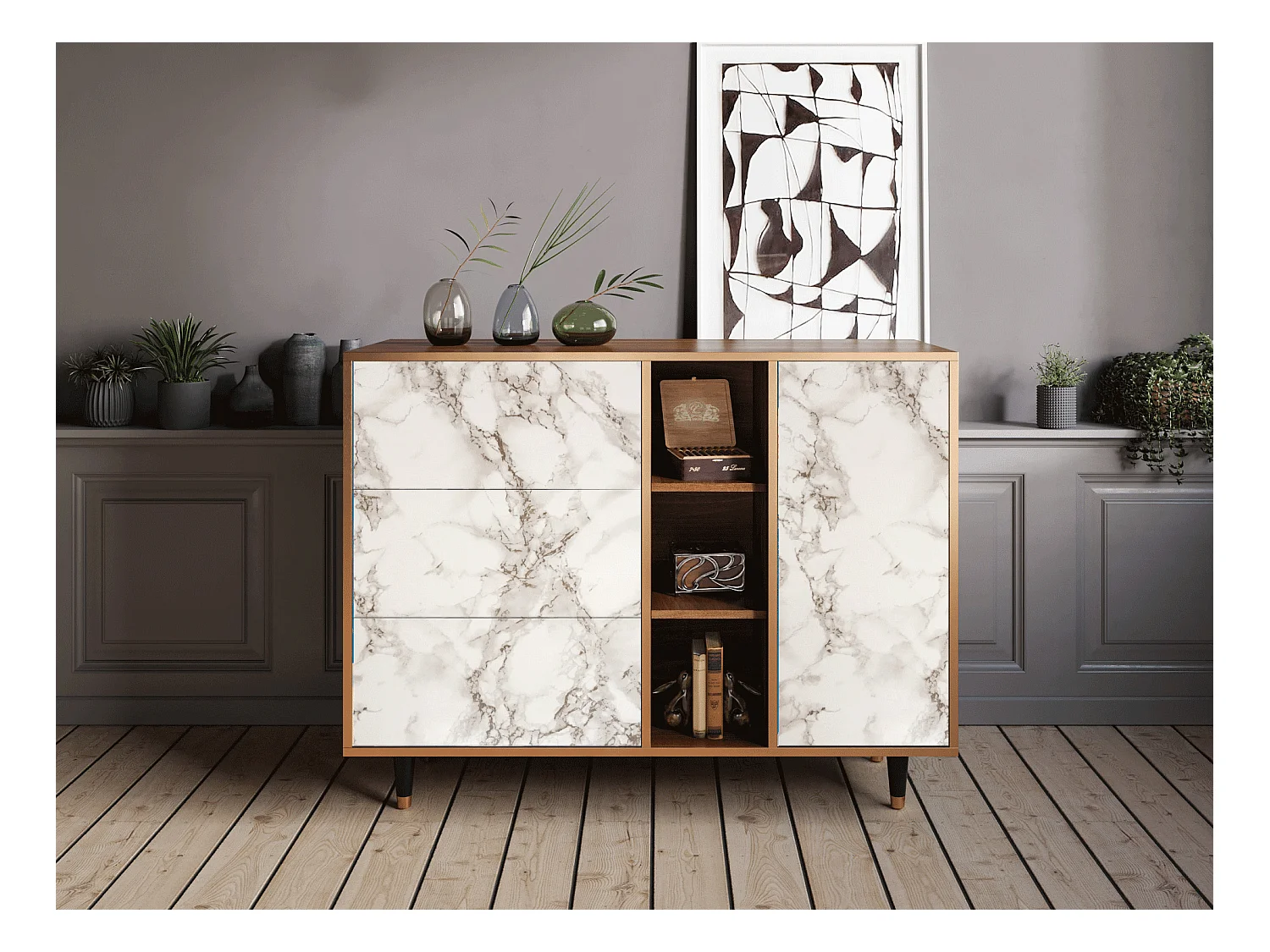 Credenza - 125x98x48 cm - BS2 - Milk Marble, Noce