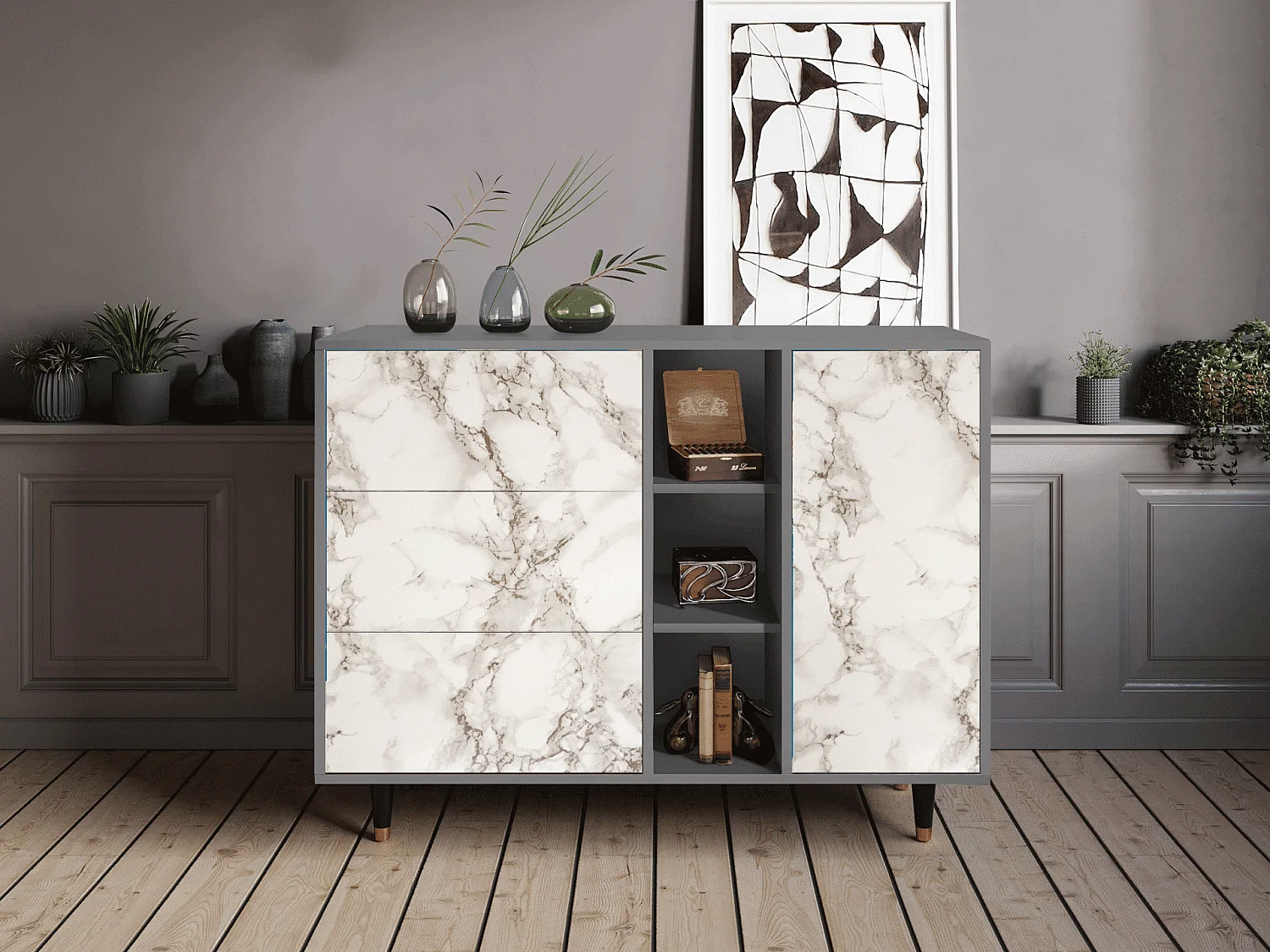 Buffet - 125x98x48 cm - BS2 - Milk Marble, Gris