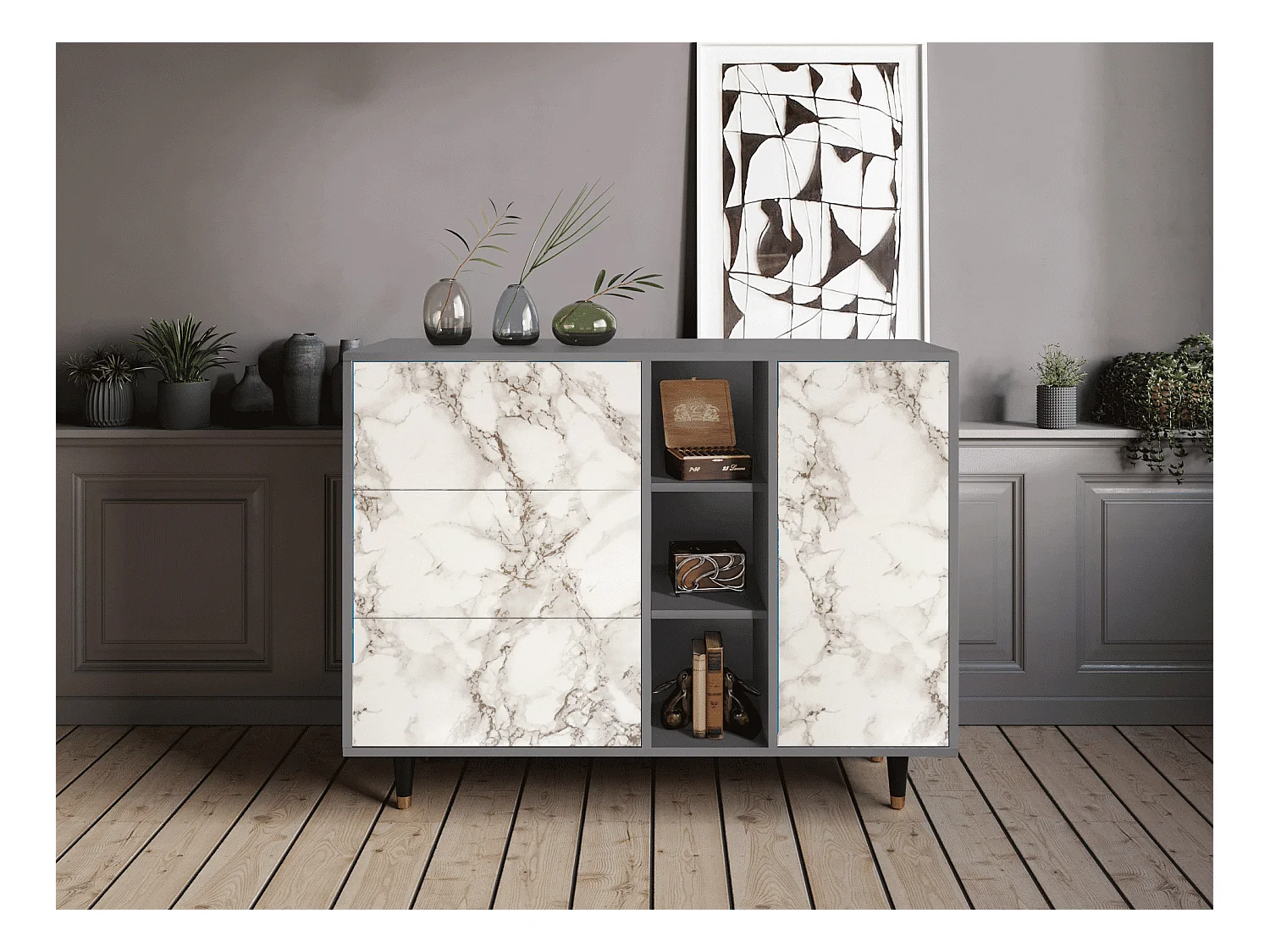 Credenza - 125x98x48 cm - BS2 - Milk Marble, Grigio