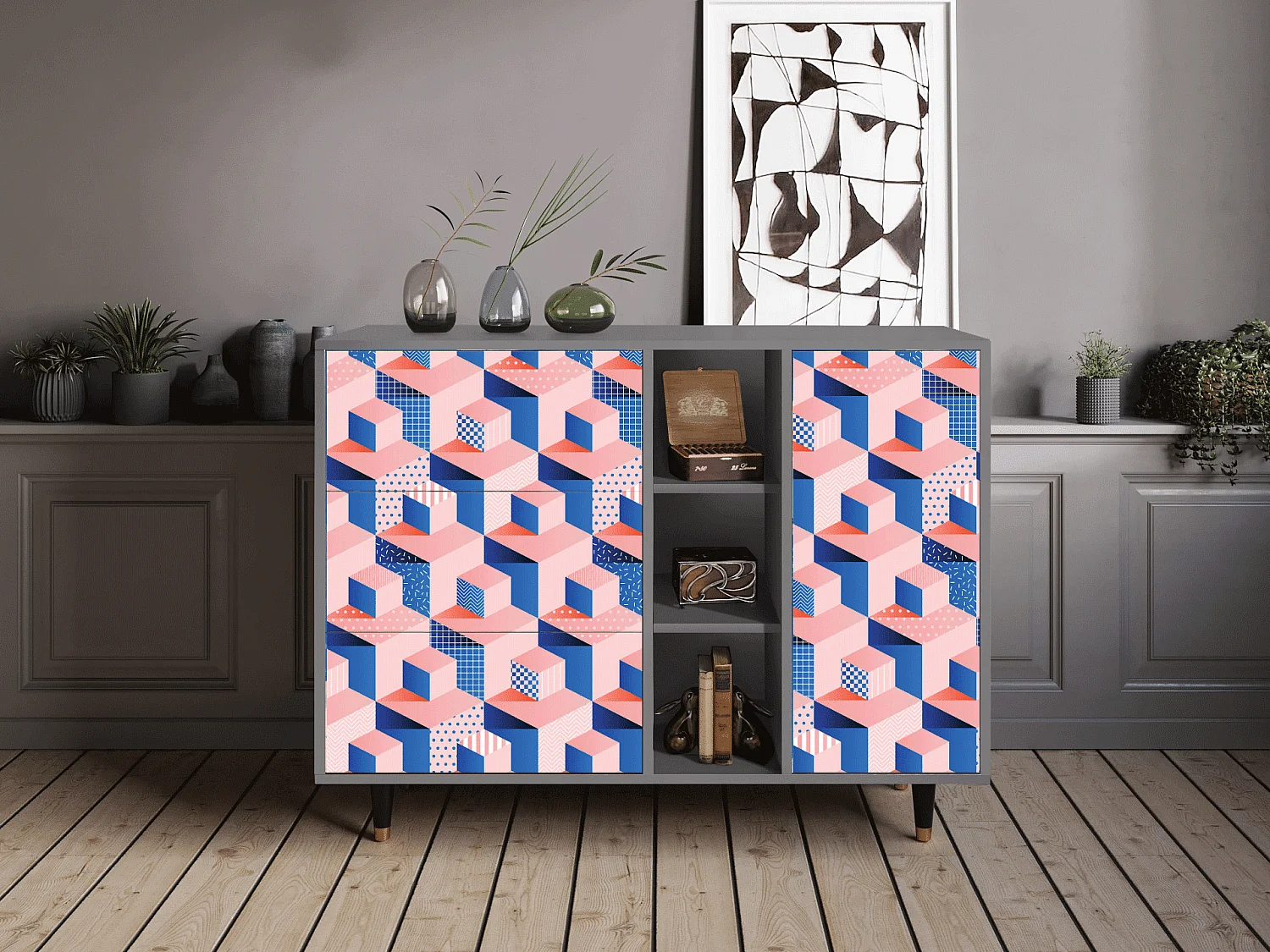 Sideboard - 125x98x48 cm - BS2 - Pinky Squares, Grau