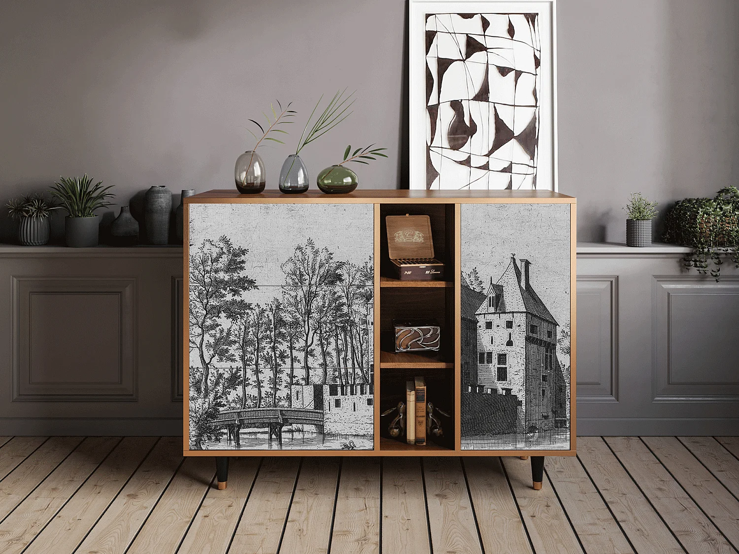 Credenza - 125x98x48 cm - BS2 - Castle with Bridge, Noce