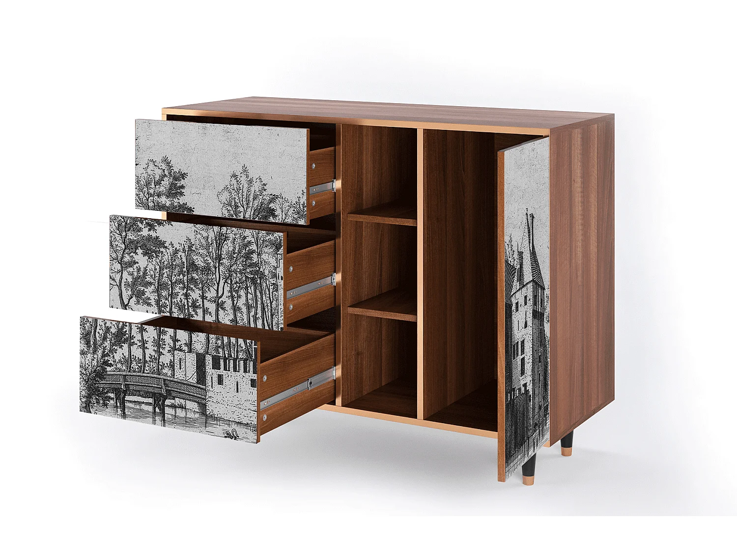 Credenza - 125x98x48 cm - BS2 - Castle with Bridge, Noce