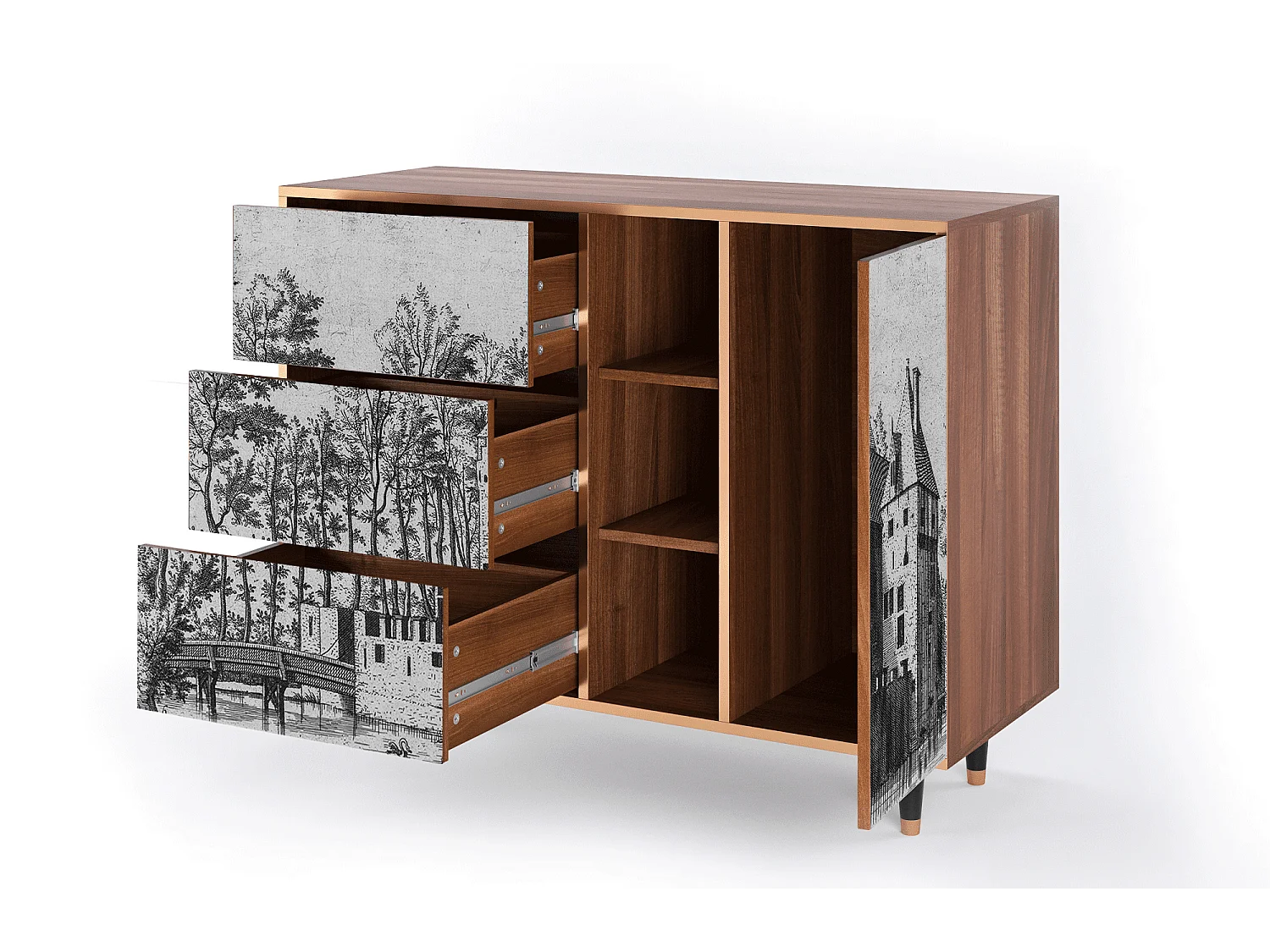 Buffet - 125x98x48 cm - BS2 - Castle with Bridge, Noyer