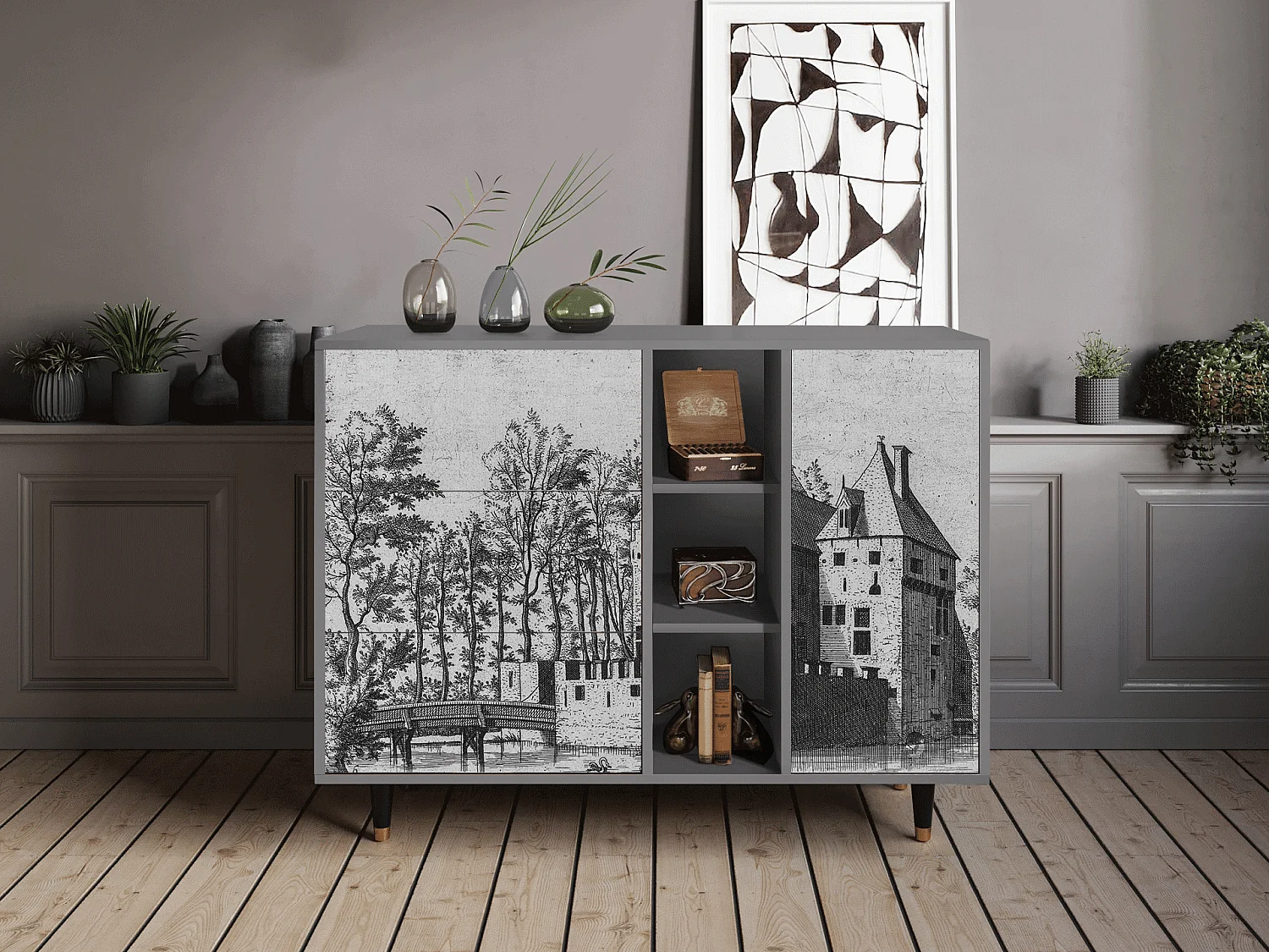 Buffet - 125x98x48 cm - BS2 - Castle with Bridge, Gris