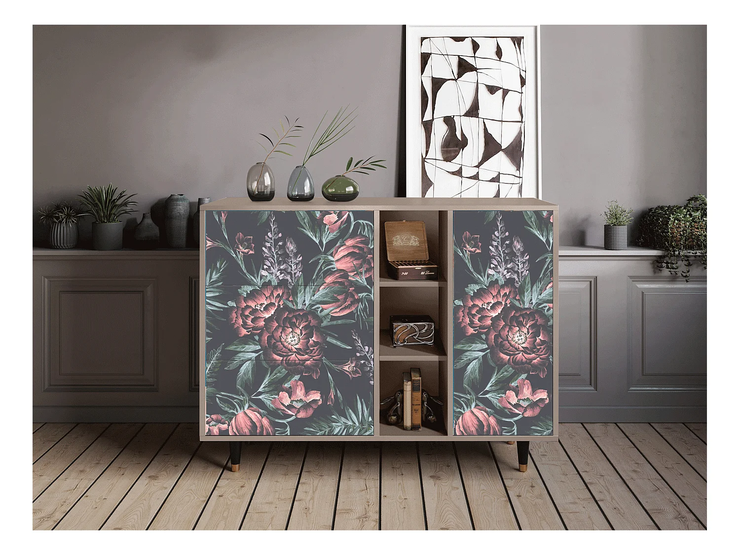 Dressoir - 125x98x48 cm - BS2 - Dark Peonies, Latte