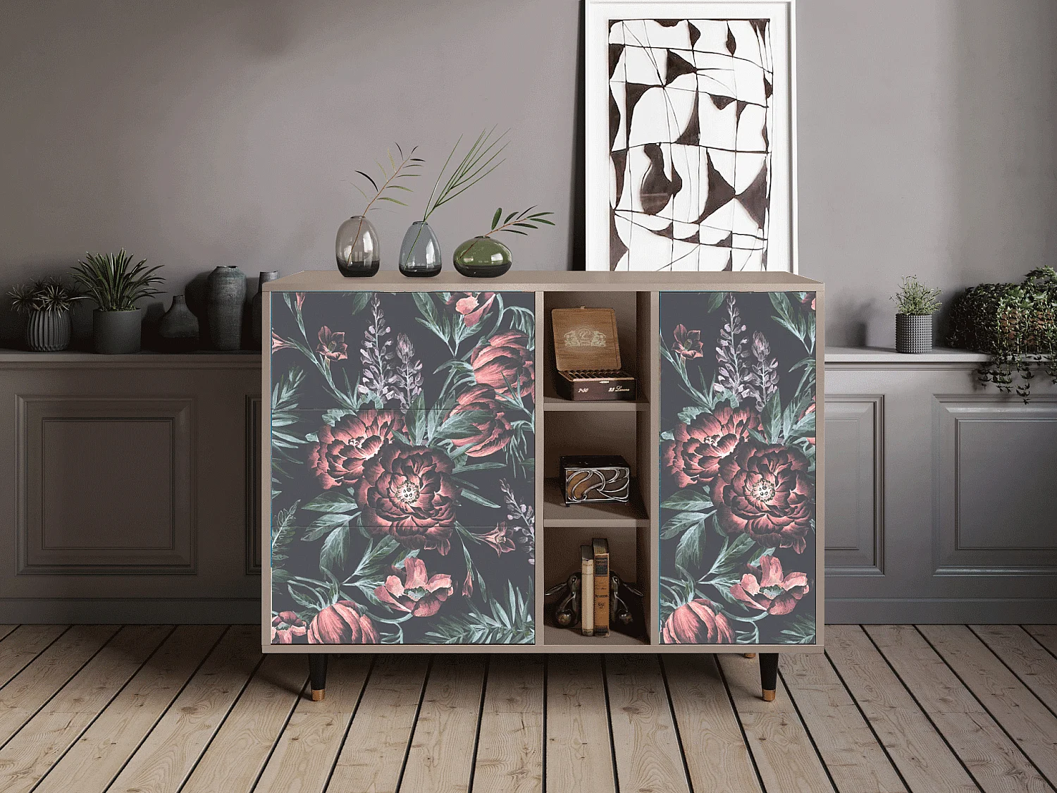 Kredens - 125x98x48 cm - BS2 - Dark Peonies, Latte