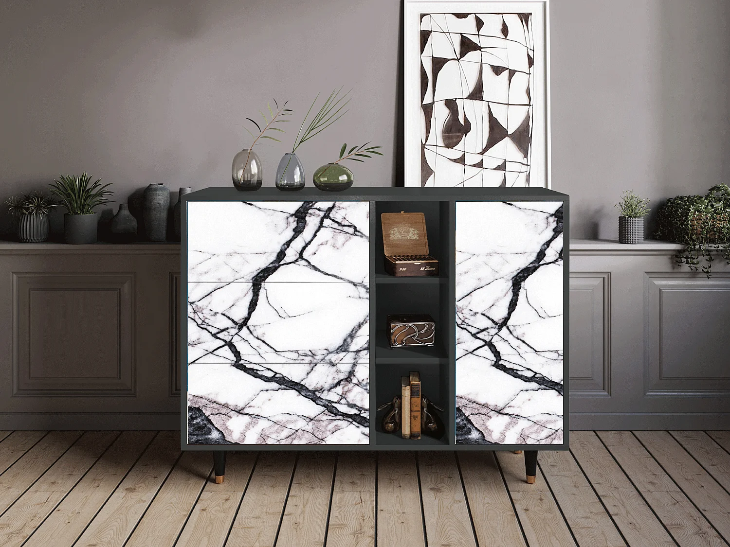 Kredens - 125x98x48 cm - BS2 - Raven Marble, Antracyt
