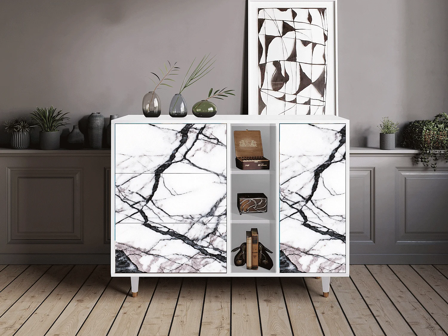 Kredens - 125x98x48 cm - BS2 - Raven Marble, Biały