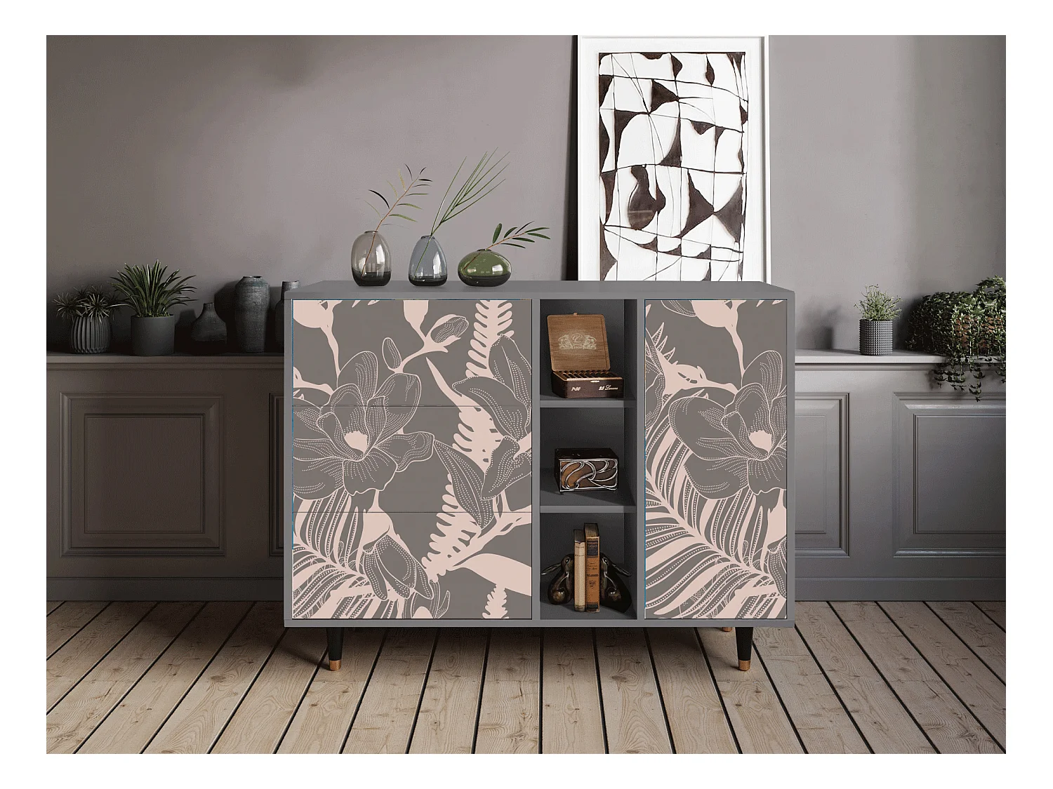 Sideboard - 125x98x48 cm - BS2 - Issabelline Flower, Grau