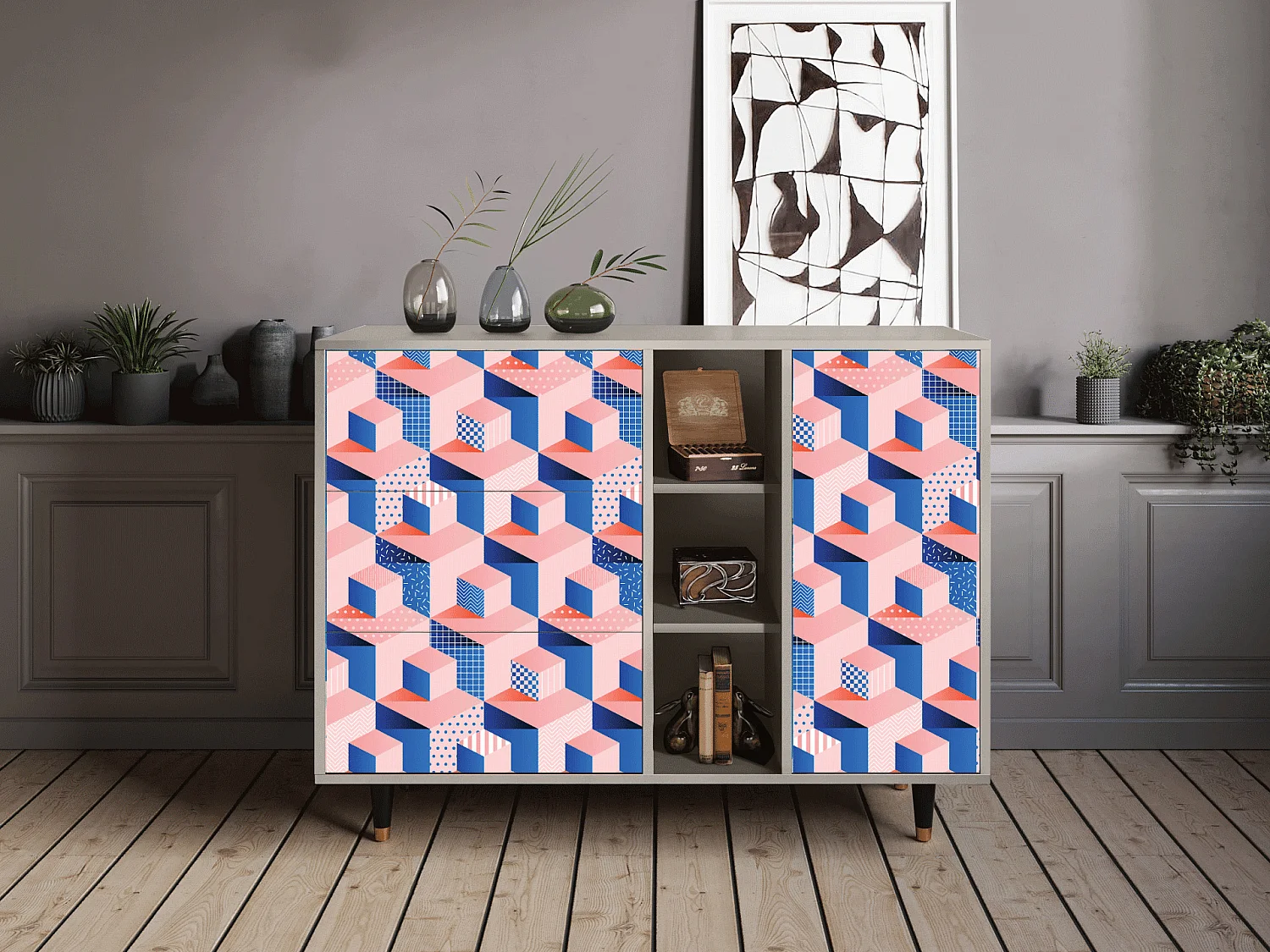 Sideboard - 125x98x48 cm - BS2 - Pinky Squares, Sand