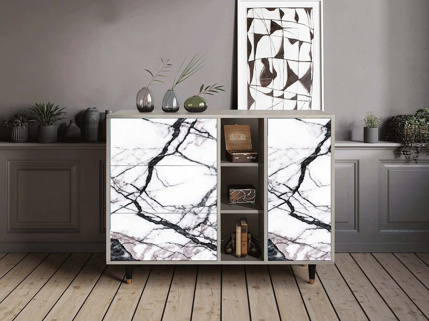 Kredens - 125x98x48 cm - BS2 - Raven Marble, Piaskowy
