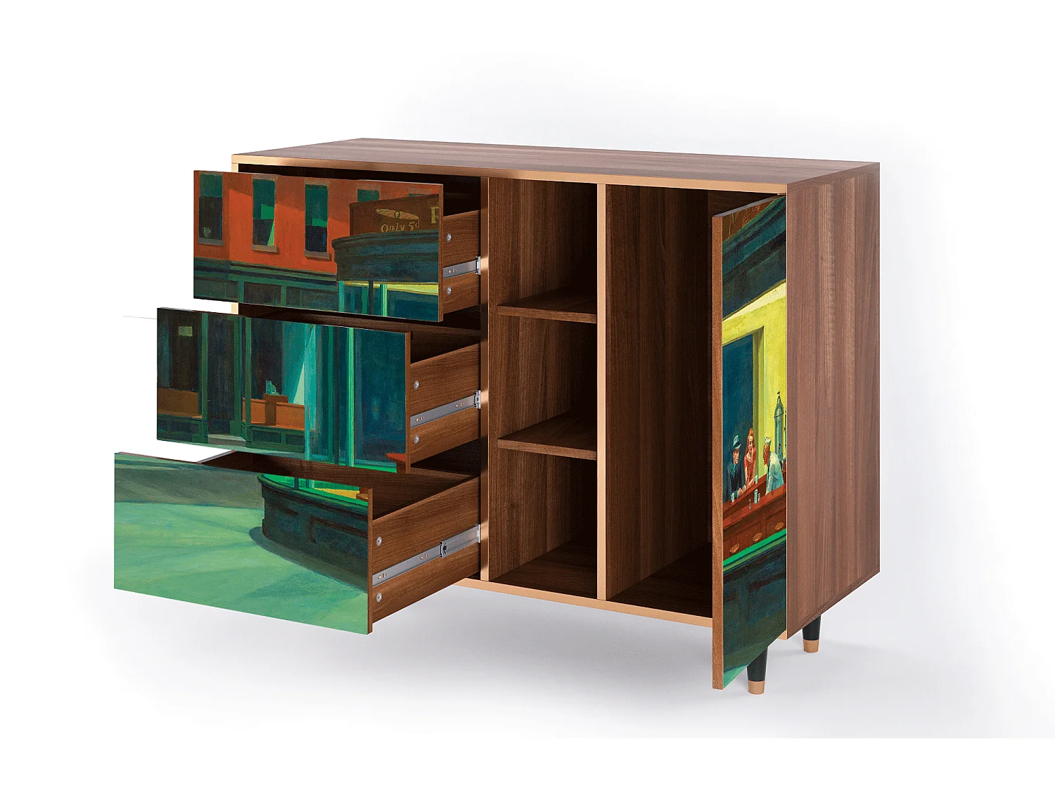 Dressoir - 125x98x48 cm - BS2 - Nighthawks by Hopper, Walnoot
