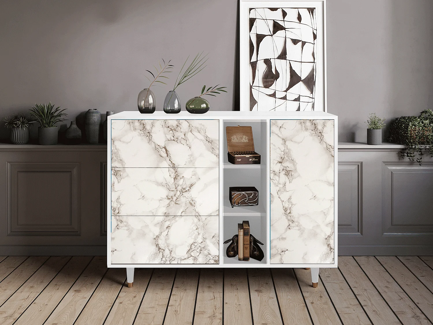 Buffet - 125x98x48 cm - BS2 - Milk Marble, Blanc