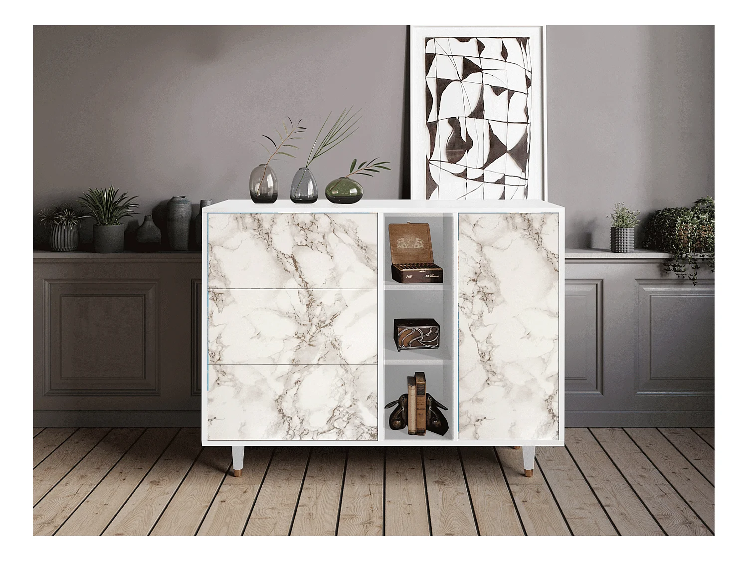 Credenza - 125x98x48 cm - BS2 - Milk Marble, Bianco