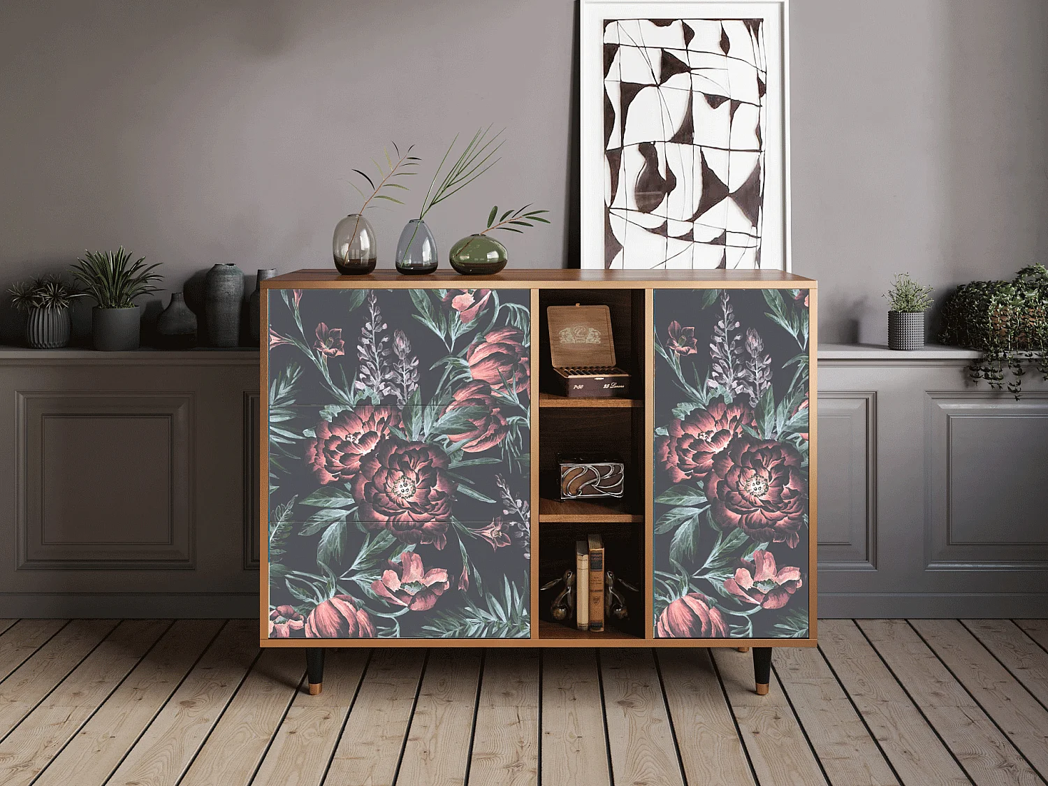 Kredens - 125x98x48 cm - BS2 - Dark Peonies, Orzech