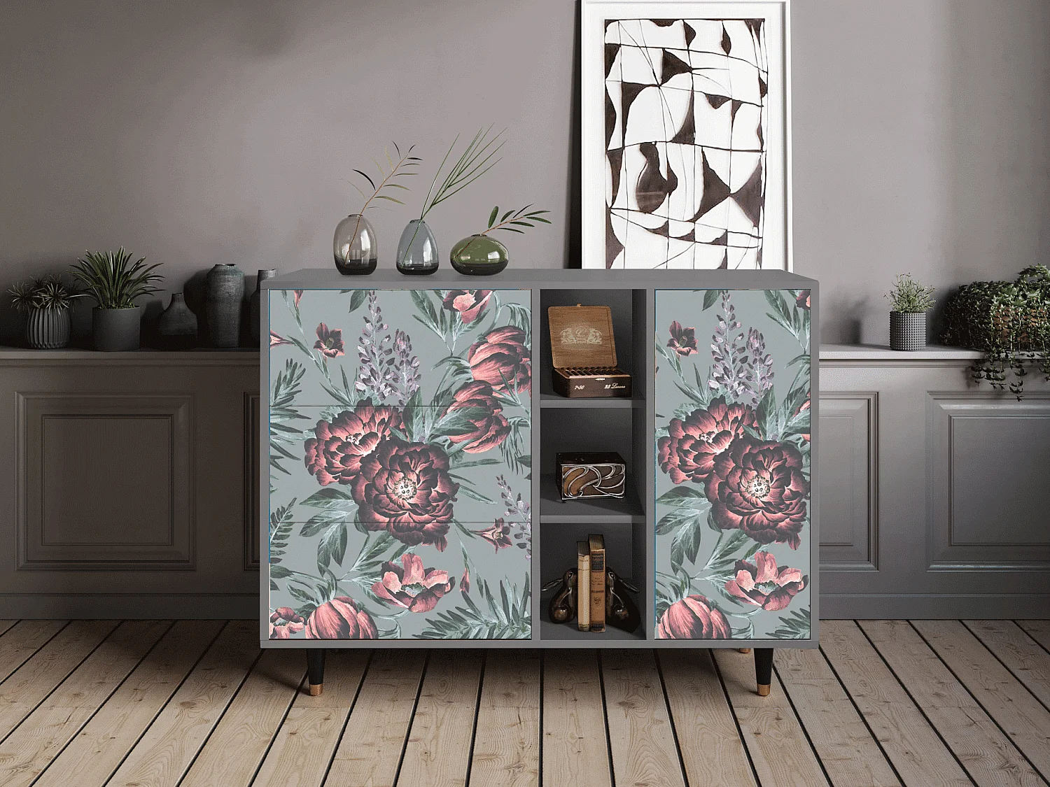 Aparador - 125x98x48 cm - BS2 - Light Peonies, Gris