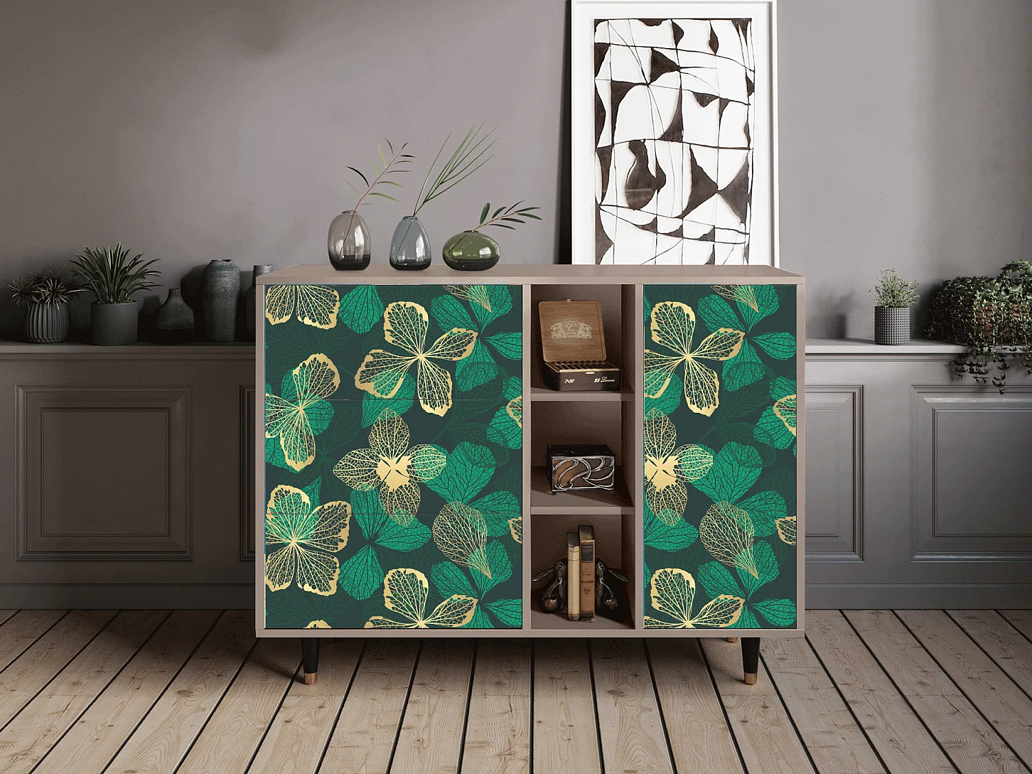 Kredens - 125x98x48 cm - BS2 - Green Flower, Latte