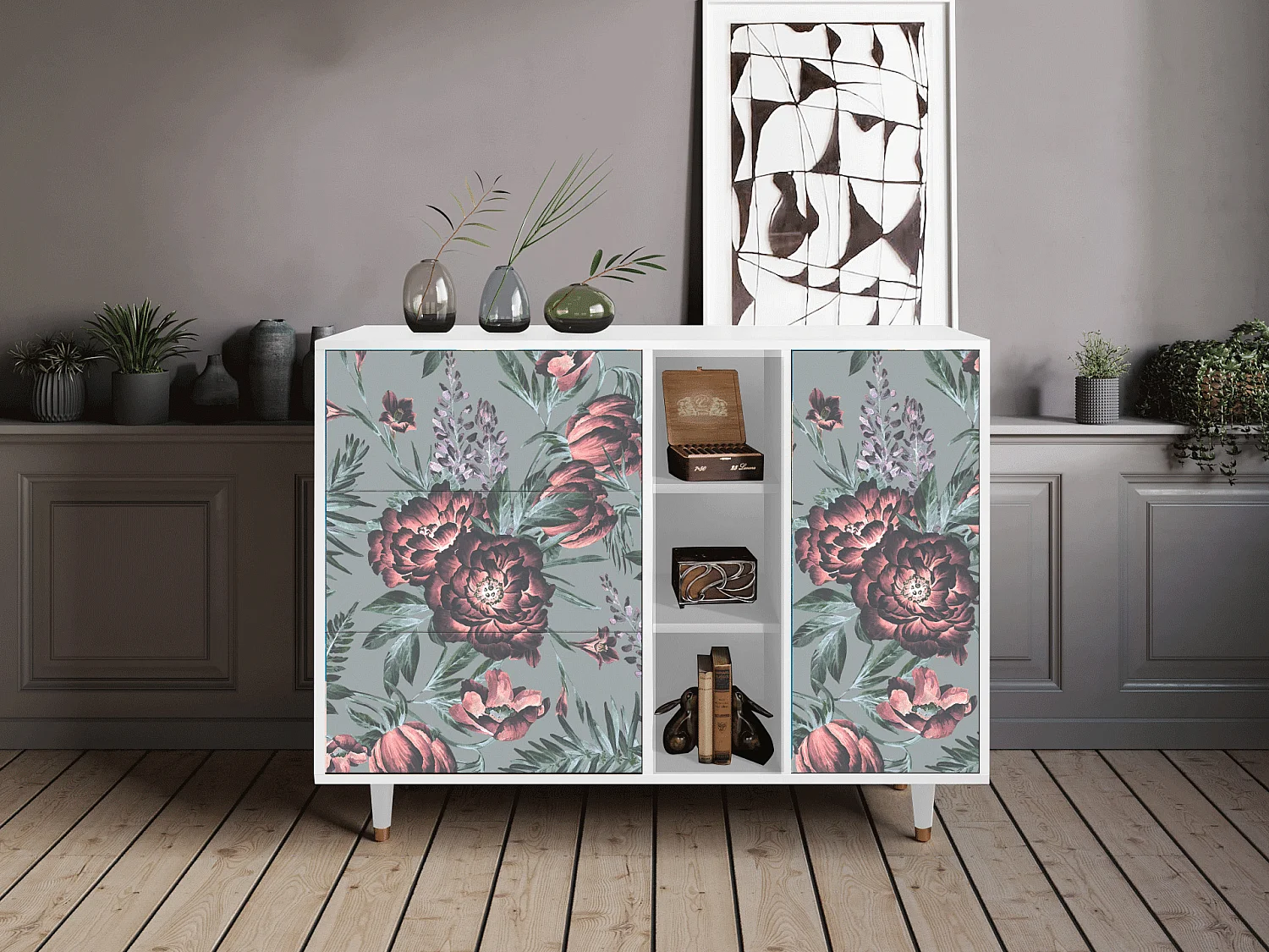 Buffet - 125x98x48 cm - BS2 - Light Peonies, Blanc