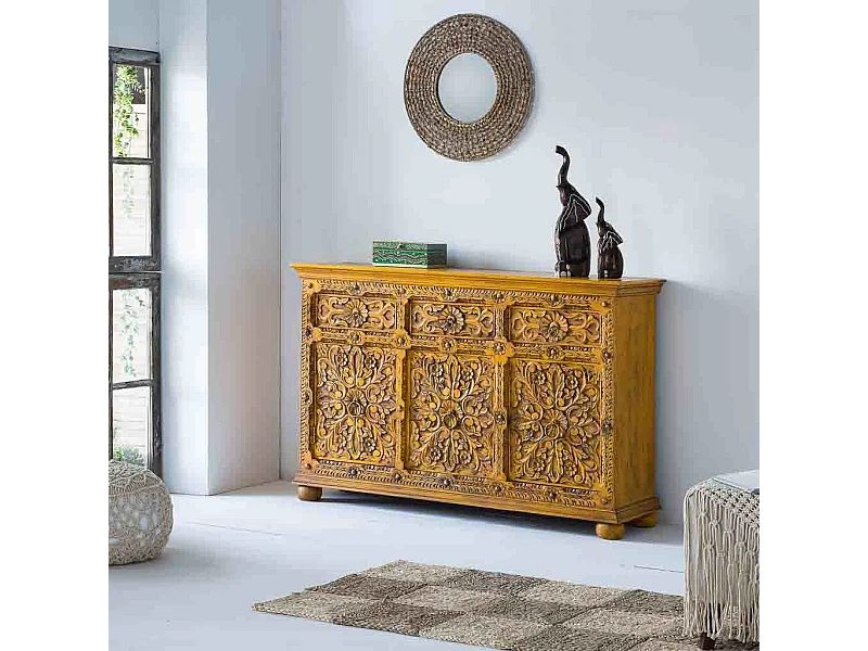 Aparador de madeira artesanal amarelo 147x45x96