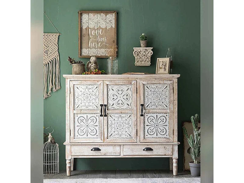 Buffet en bois sculpté 3 portes et 2 tiroirs 115x36x100h cm