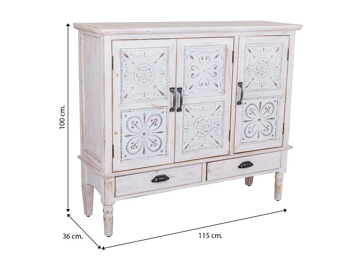 Buffet en bois sculpté 3 portes et 2 tiroirs 115x36x100h cm