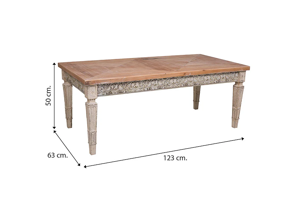 Mesa auxiliar de madeira branco envelhecido e natural 123x63x50h cm