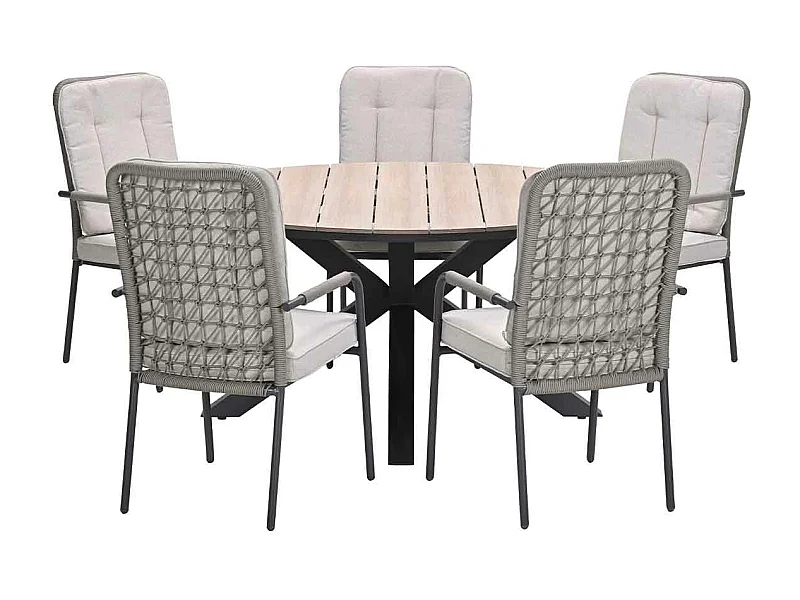 Garden Impressions Aleria tuinset 6-delig taupe - Tulli tuintafel Ø148x75 cm - light teak vironwood