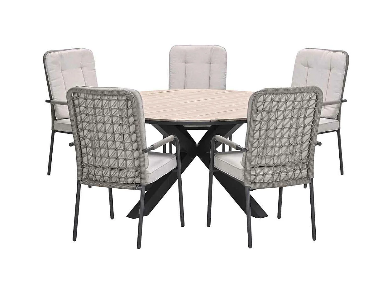 Garden Impressions Aleria tuinset 6-delig taupe - Tulli tuintafel Ø148x75 cm - light teak vironwood