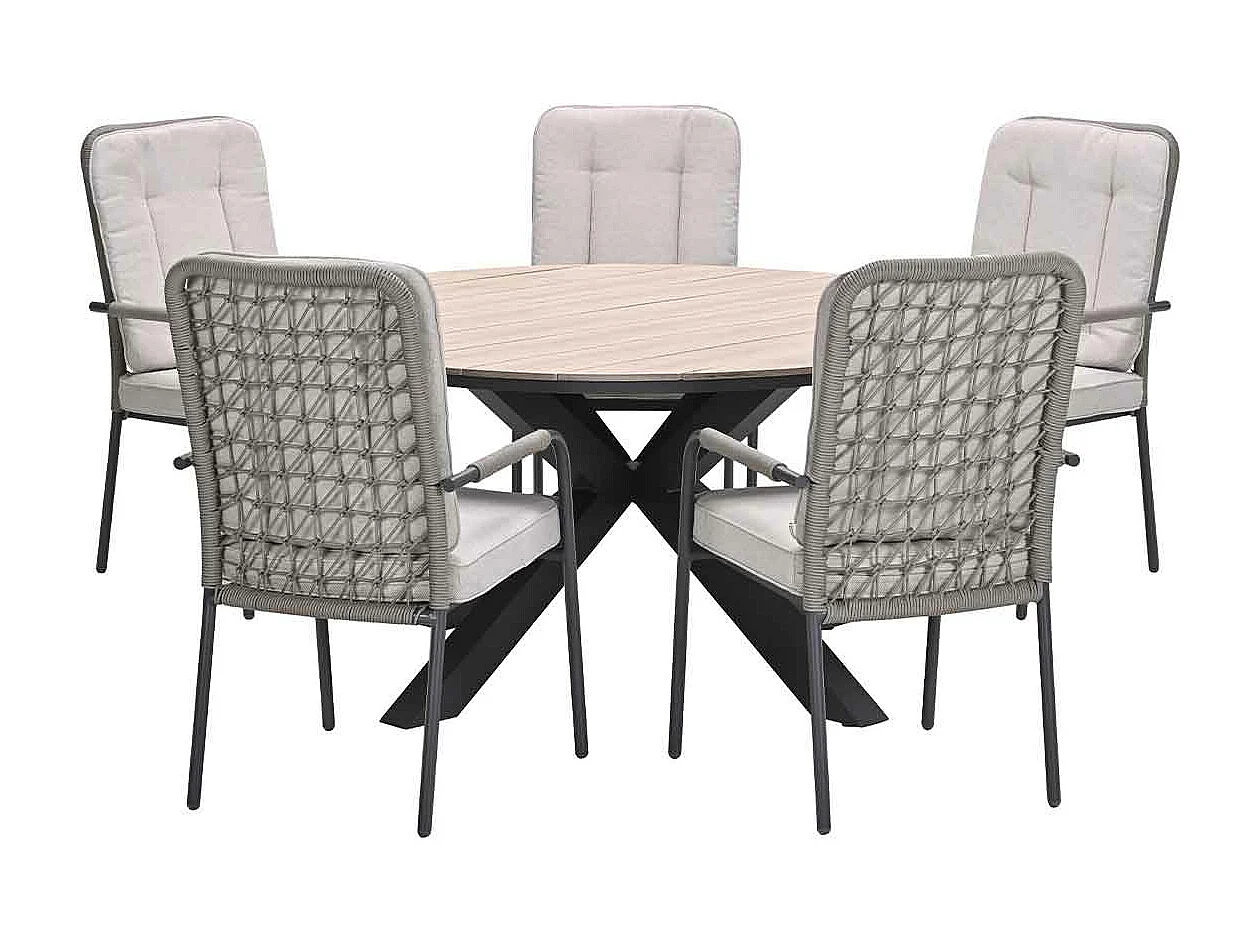 Garden Impressions Aleria tuinset 6-delig taupe - Tulli tuintafel Ø148x75 cm - light teak vironwood