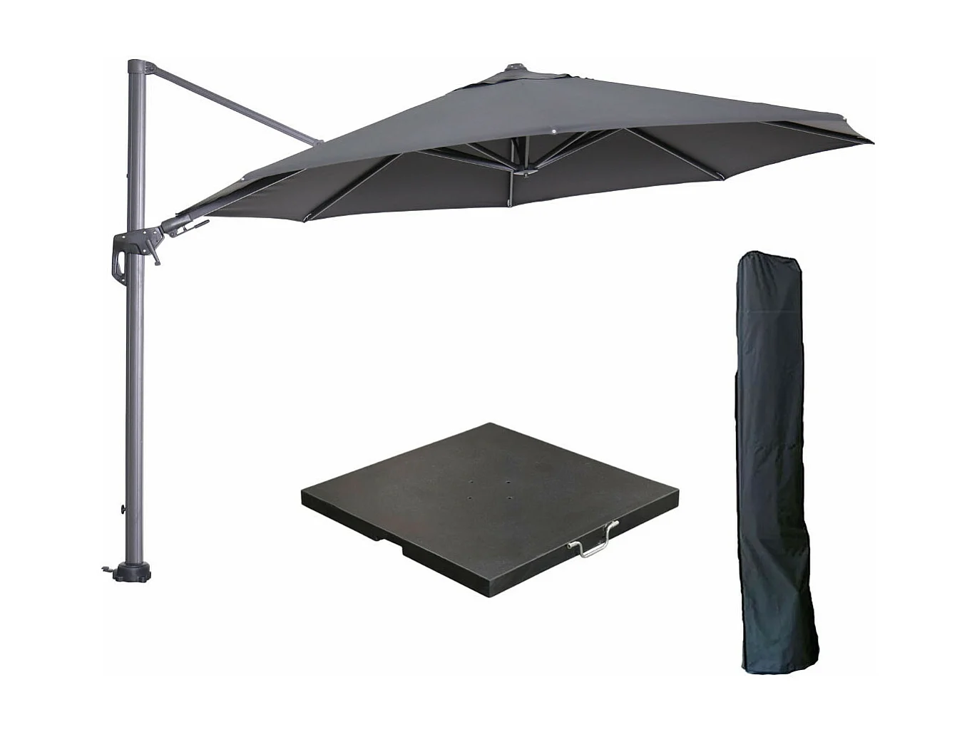 Garden Impressions Hawaii zweefparasol Ø350 cm carbon black / donker grijs met 90kg black polished parasolvoet en parasolhoes