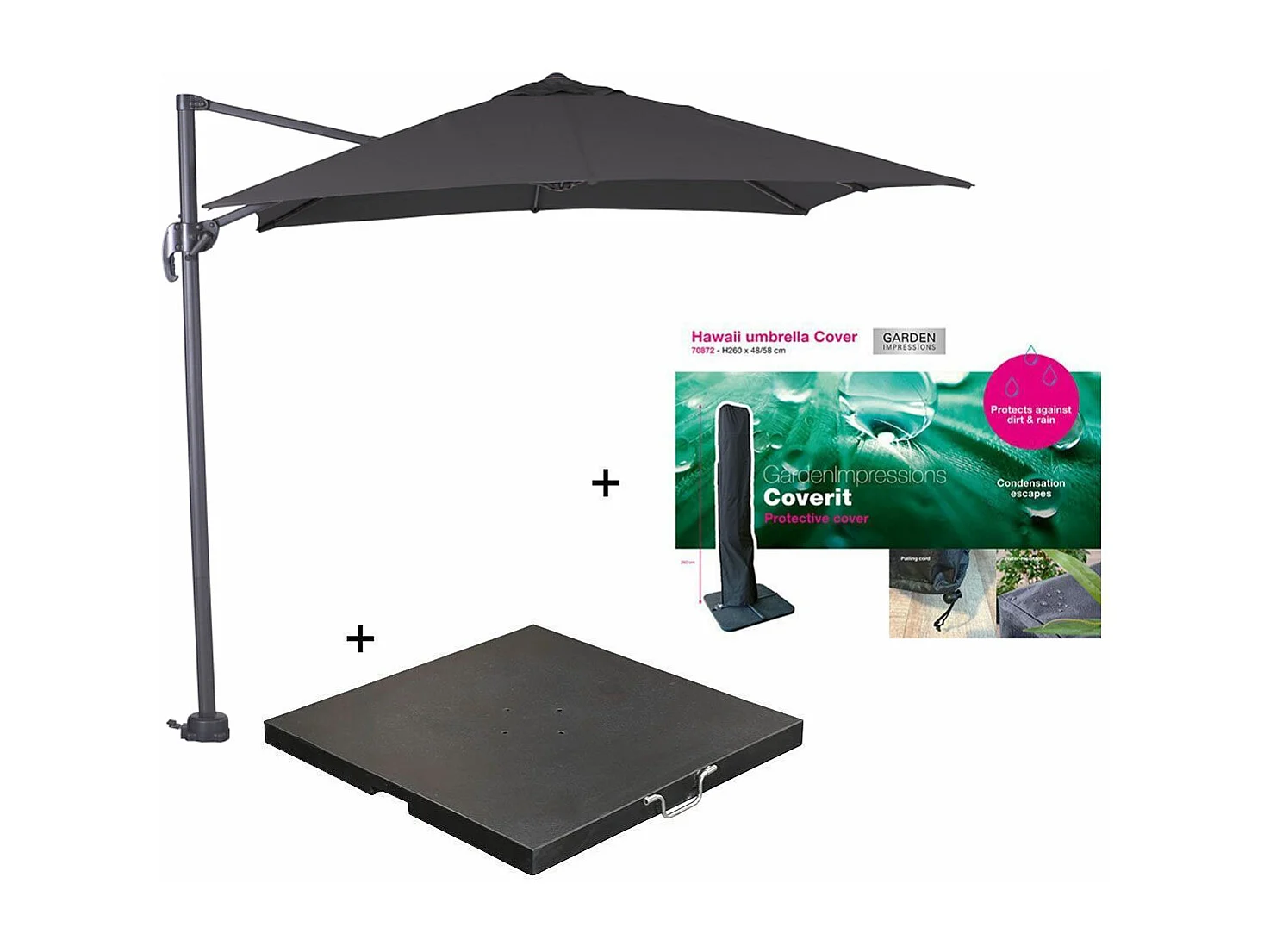 Parasol flottant Garden Impressions Hawaii S Gris foncé / noir 250x250 avec un pied 60kg et housse