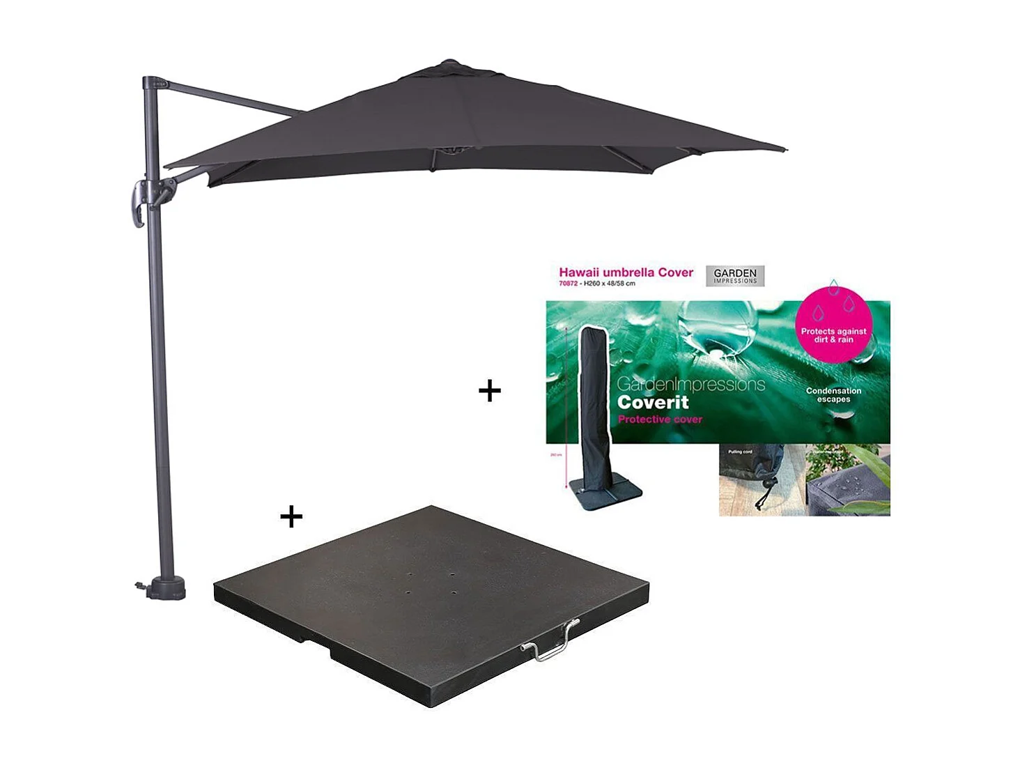 Garden Impressions Hawaii zweefparasol S 250x250 - donker grijs/zwart met 60 kg parasolvoet en parasolhoes