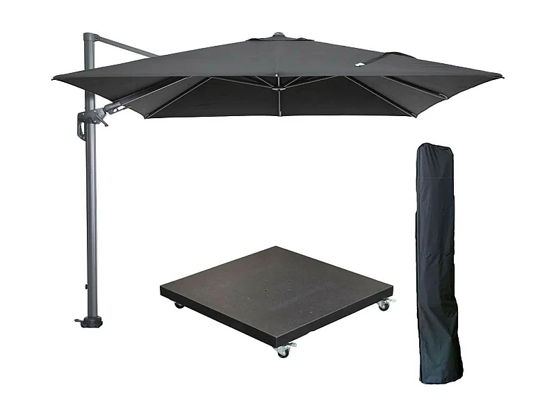 Garden Impressions Hawaii zweefparasol 300x300 cm carbon black / zwart met 90kg verrijdbare parasolvoet en parasolhoes