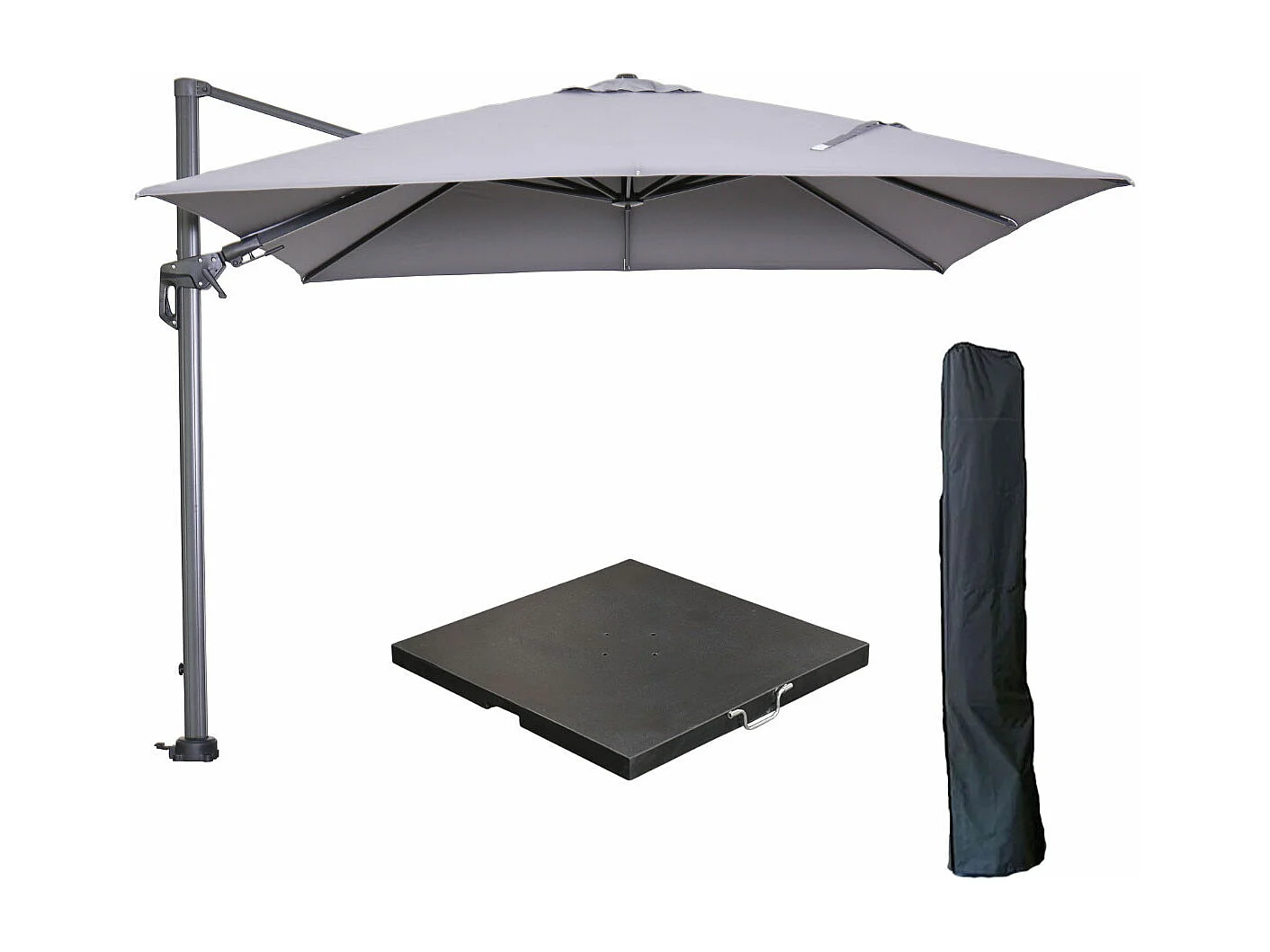 Garden Impressions Hawaii zweefparasol 300x300 cm carbon black / licht grijs met 90kg black polished parasolvoet en parasolhoes